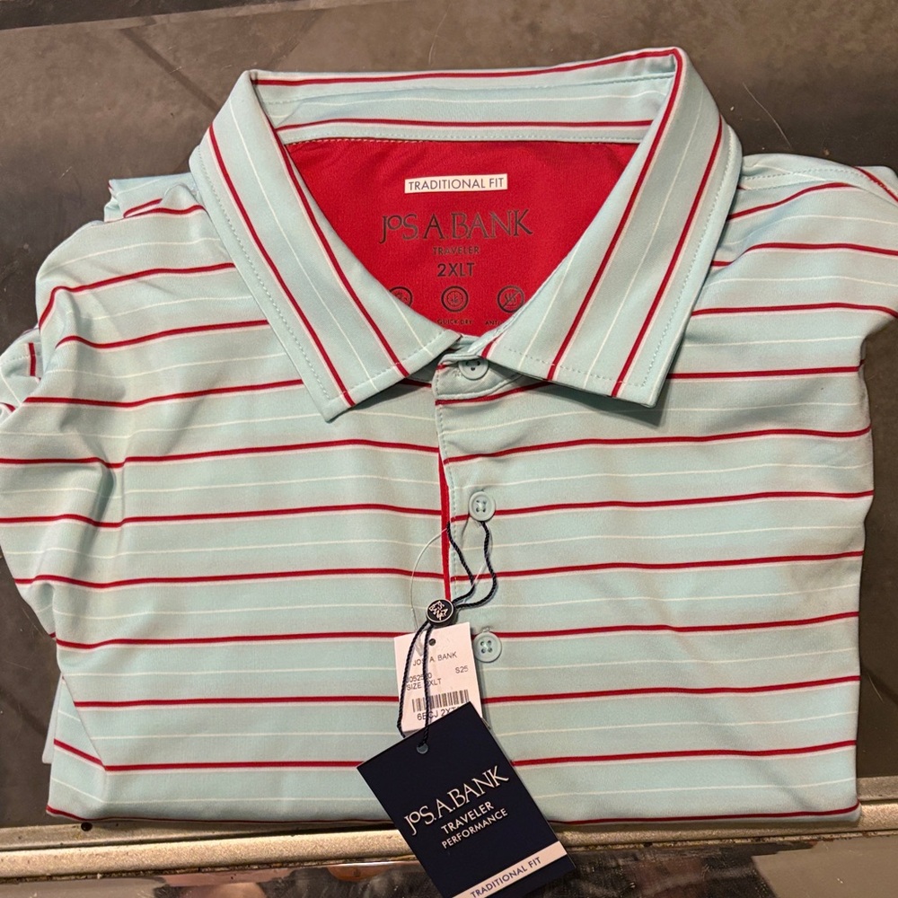 Jos. A. Bank Men's Traveler  Aqua and Red Striped Polo big & tall 2XLT